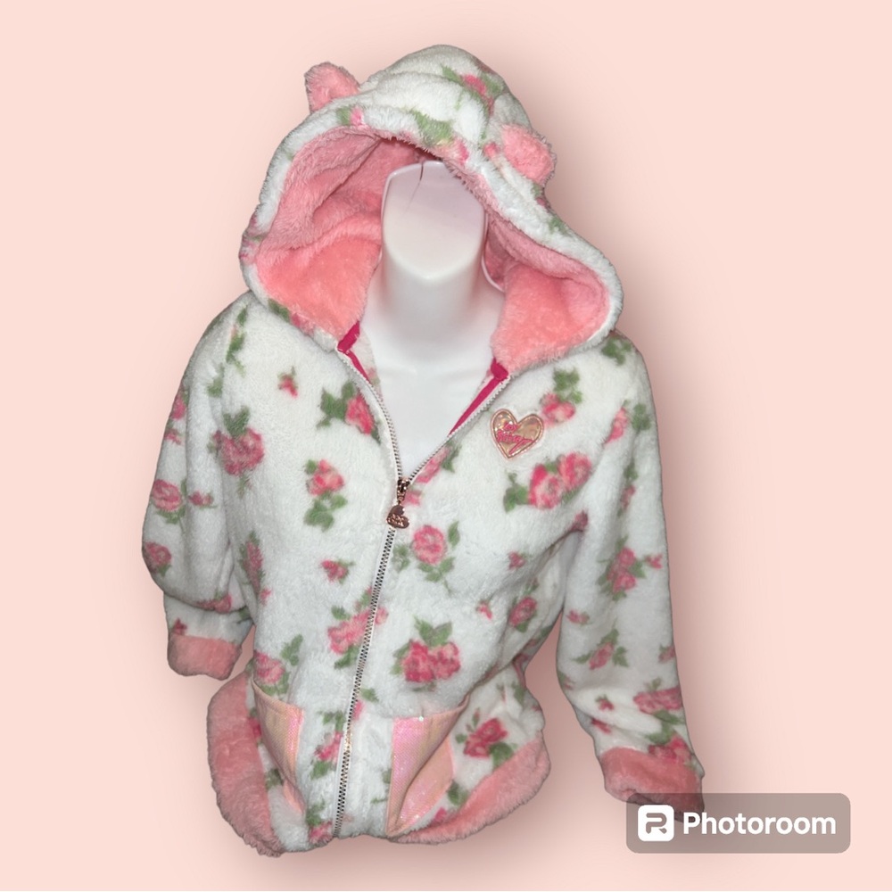 Betsey Johnson Girls 14 Floral Hoodie jacket  Faux Fur With Ears - Picture 3 of 5